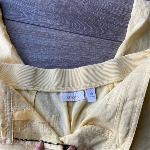 Chico’s Baby  Yellow Pure Linen Cargo Cropped Pants - Picture 6 of 14
